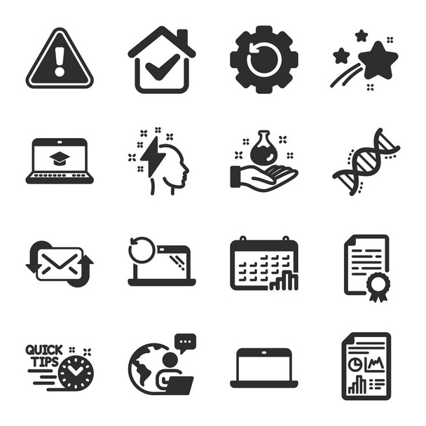 Set of Education icons, such as Website education, Laptop, Certificate diploma symbols. Report document, Recovery gear, Chemistry dna signs. Recovery laptop, Chemistry lab, Brainstorming. Vector - Vektor, kép