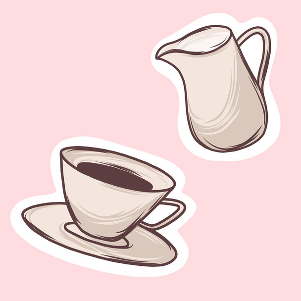 Tasse Kaffee mit Milch, Frühstücksvektoraufkleber mit Tasse und Milchkanne. Handgezeichnete Illustrationen von Tasse Kaffee, Tee und Kanne Milch - Vektor, Bild