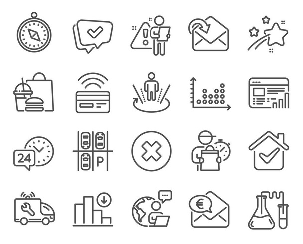 Technology icons set. Included icon as Parking place, Car service, Receive mail signs. 24h service, Chemistry lab, Dot plot symbols. Close button, Web report, Contactless payment. Approved. Vector - Wektor, obraz