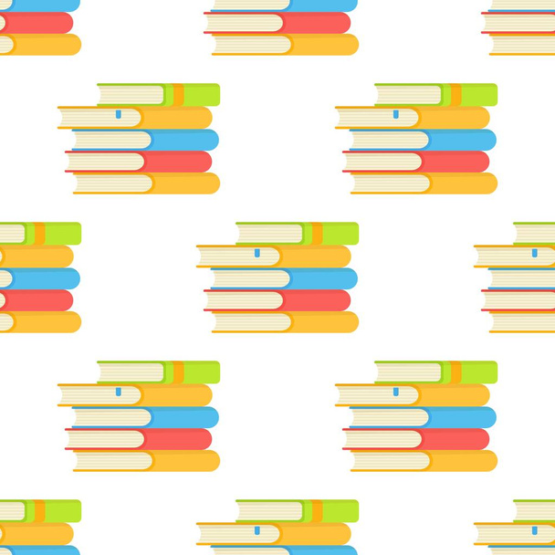 Vector illustration of the pattern of stacks of books. Seamless pattern. Concept for an educational library and bookstore. Print design of multicolored books. Background for any book, store signage, poster, promotions. - Vector, Image
