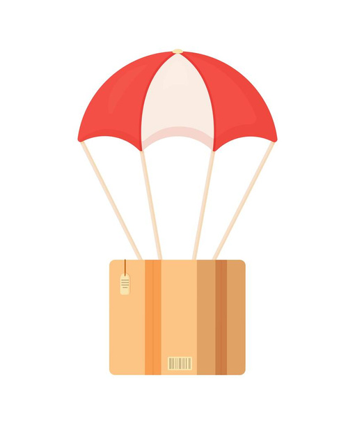 Vektorová ilustrace izolované létající krabice na balónech. Izolované na bílém pozadí létající box. Neobvyklá zásilka. produkt jednoduchého designu z lepenky.  - Vektor, obrázek