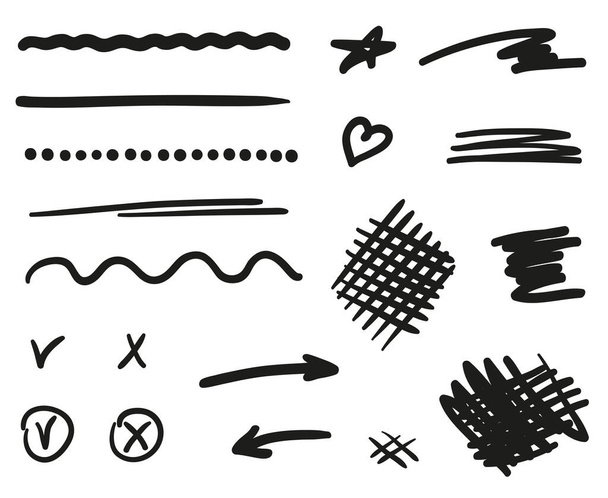 Segni e simboli neri disegnati a mano sul bianco. Elementi semplici delineati. Schizzi a mano libera. Illustrazione in bianco e nero - Vettoriali, immagini
