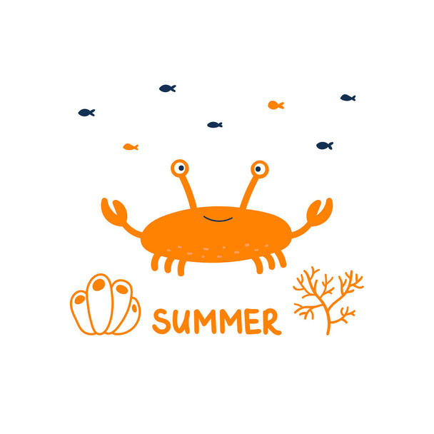 Happy yellow crab with fish and algae. Vector cute character. Lettering under the sea. Hand-drawn doodle. Isolated on a white background. - Vektori, kuva