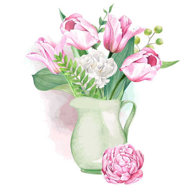 Rózsaszín és fehér tulipán és páfrány csokor üvegben - Vektor, kép