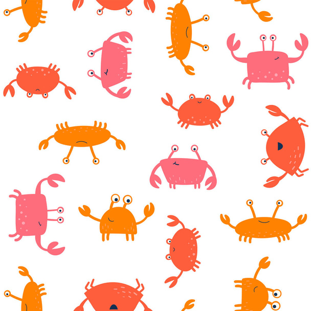 Vector seamless pattern with crabs. Hand-drawn doodle. Isolated on a white background. Design for children. - Vetor, Imagem