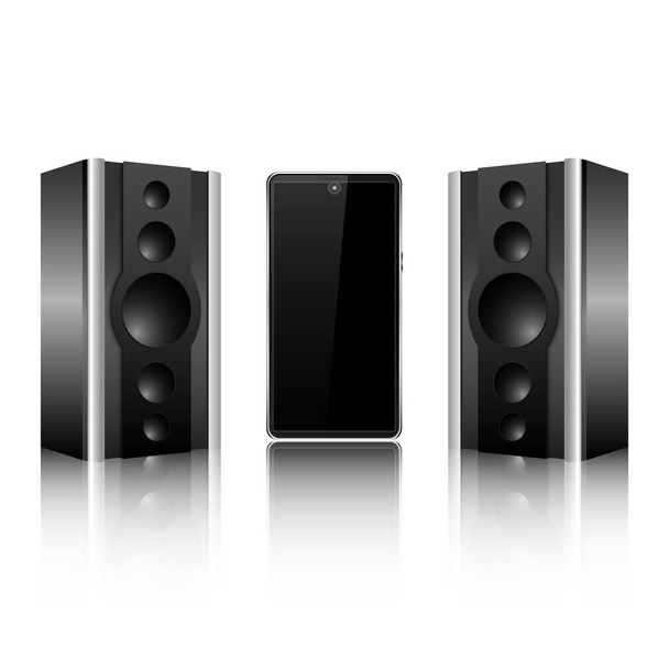 modern music speakers with mobile phone on white background - Vector, Image