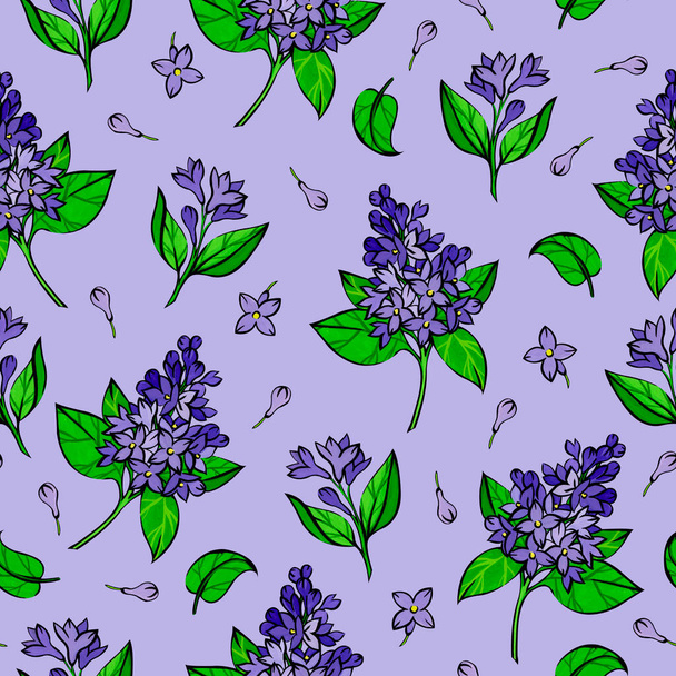 Seamless pattern with purple lilac flowers and green leaves on a purple background. Flowers are painted with gouache. - Photo, Image