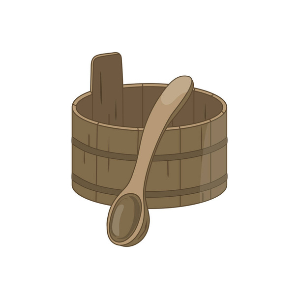 Secchio per sauna in legno con cucchiaio su sfondo bianco. - Vettoriali, immagini
