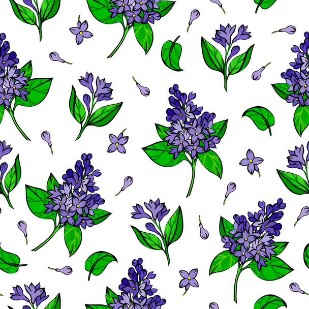 Seamless pattern with purple lilac flowers and green leaves on a white background. Flowers painted in gouache. - Photo, Image