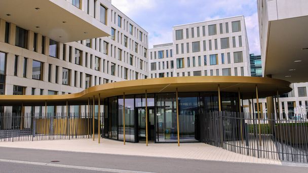 European Investment bank in the financial district of Luxemburg - LUXEMBURG CITY, LUXEMBURG - APRIL 30, 2021 - Zdjęcie, obraz