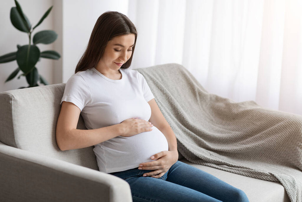 Maternity Concept. Young Beautiful Woman Expecting Baby Relaxing On Couch At Home - Φωτογραφία, εικόνα