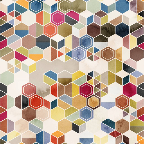Modèle sans couture d'hexagones en couleurs aléatoires dans l'aquarelle - Photo, image