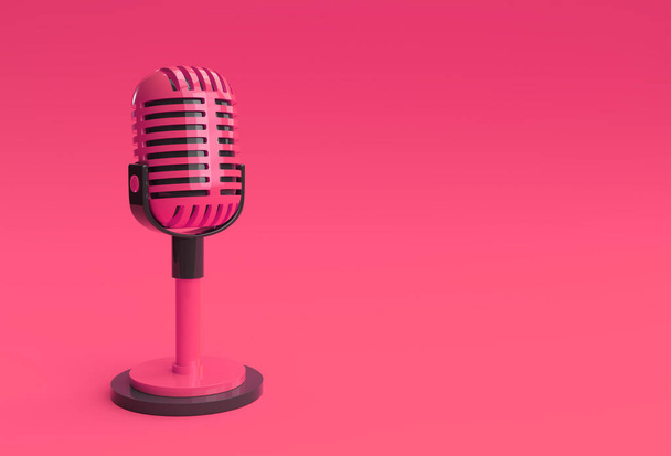 3D Render Retro microphone on short leg and stand, music award model template, karaoke, radio and recording studio sound equipment. - Photo, Image