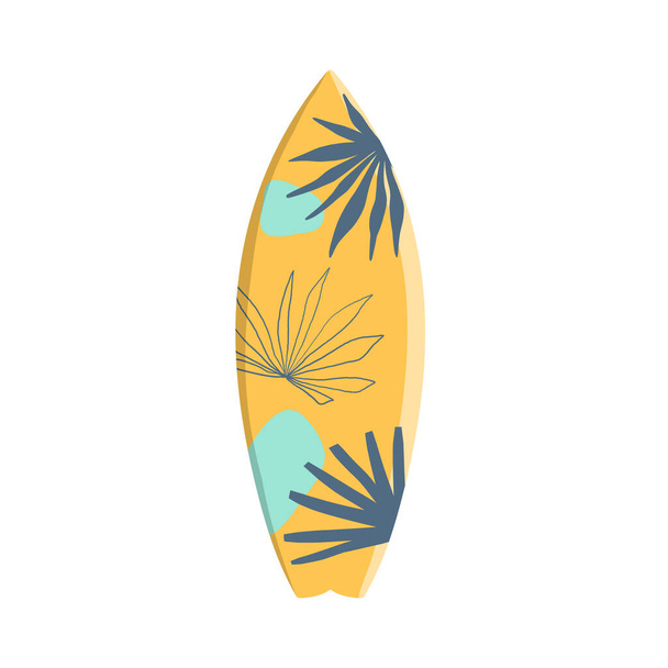 Tavola da surf vettoriale di design tropicale con palma e foglie di monstera isolate su fondo bianco. Illustrazione vettoriale per icona, logo, stampa, icona, biglietto, copertina, borse, astuccio, invito, emblema, etichetta - Vettoriali, immagini