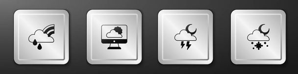 Set Rainbow with cloud and rain, Weather forecast, Storm and Cloud snow sun icon. Silver square button. Vector - Vector, Image
