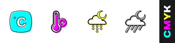 Nastavit Celsia, Meteorologický teploměr, Mrak s deštěm, měsícem a ikonou. Vektor - Vektor, obrázek