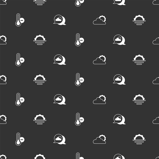 Set Sun and cloud weather, Sunrise, Meteorology thermometer and Location on seamless pattern. Vector - Vector, Image