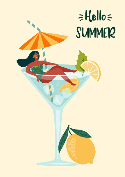 Vector illustration of woman in swimsuit in a glass with a cocktail. Summer holliday, vacation, travel. - Vector, Imagen