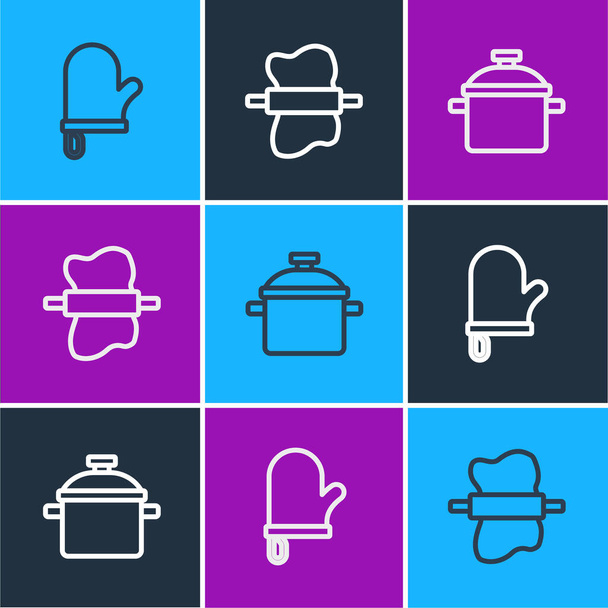 Set line Oven glove, Cooking pot and Rolling pin on dough icon. Vector - Vector, Image