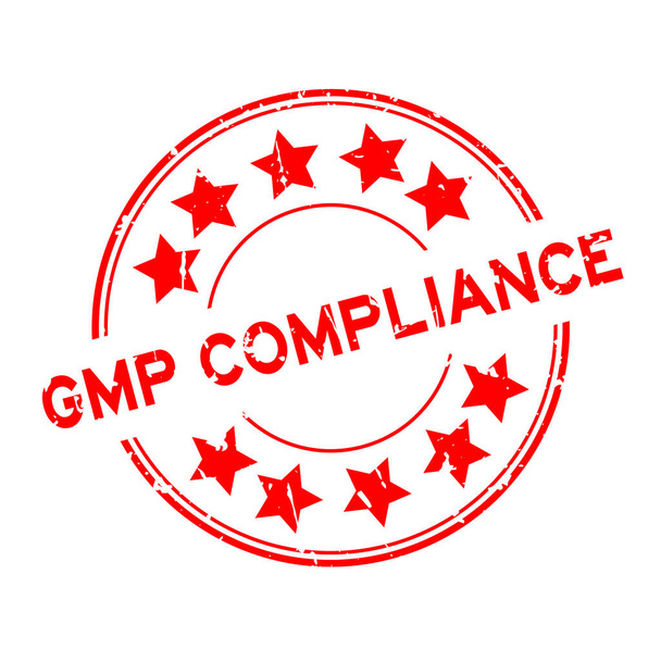 Grunge rouge GMP (Bonnes pratiques de fabrication) mot de conformité rond tampon d'étanchéité en caoutchouc sur fond blanc - Vecteur, image