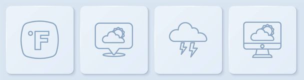Definir linha Fahrenheit, tempestade, nuvem de localização e previsão do tempo. Botão quadrado branco. Vetor - Vetor, Imagem