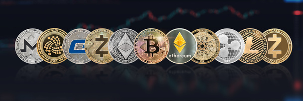 Cryptocurrency Bitcoin BTC with altcoin digital coin crypto currency, ETH Ethereum, ADA, XRP Ripple, LTC Litecoin, IOTA Miota, ZEC Zcash, XMR Monero, GASH, defi p2p decentralized financial tech market - Photo, Image