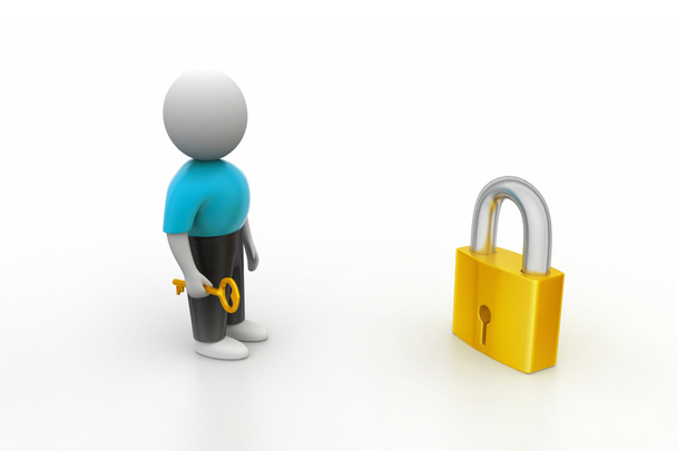 3D man holding a   key and padlock - Photo, Image