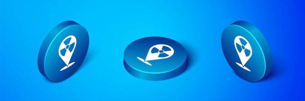 Izometrikus radioaktív helymeghatározó ikon elszigetelt kék alapon. Radioaktív mérgező szimbólum. Sugárzási veszély jel. Kék kör gomb. Vektor. - Vektor, kép