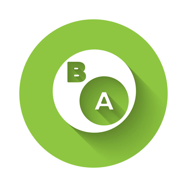 Subconjuntos blancos, matemáticas, a es un subconjunto de b icono aislado con sombra larga. Botón círculo verde. Vector. - Vector, imagen