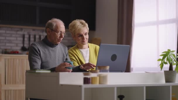 staří manželé jsou nakupování on-line, prohlížení stránky internetového obchodu notebookem a diskutovat o zboží, důchodci sedí doma kuchyně - Záběry, video
