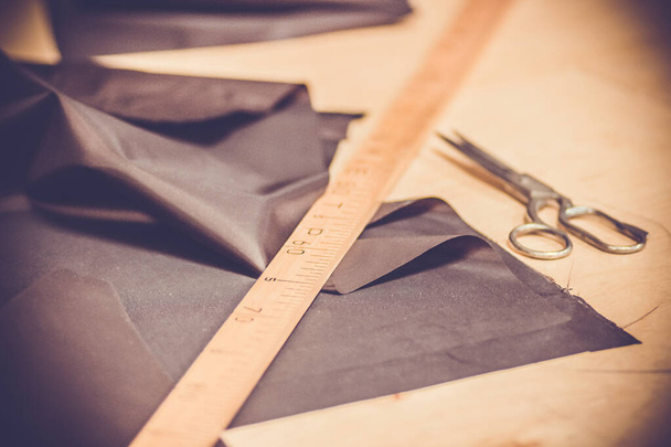 Fabric cut and cutting tools meter ruler and scissors - 写真・画像