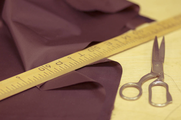 Fabric cut and cutting tools meter ruler and scissors - Valokuva, kuva
