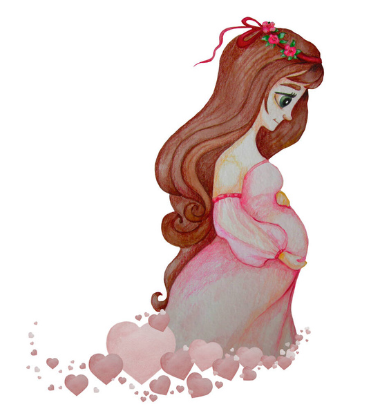 Beautiful Pregnancy. Cute happy, pregnant woman with long hair in pink dress. She stands in a pattern of hearts and gently hugs her belly. Watercolor. Hand drawing on white background - Foto, Imagem