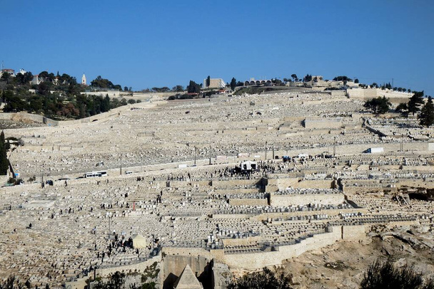 エルサレム、オリーブ山、墓地、旧市街からの眺め - 写真・画像
