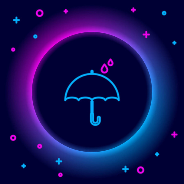 Leuchtender Neon-Regenschirm und Regentropfen auf schwarzem Hintergrund. Wasserdichtes Symbol. Schutz, Sicherheit, Sicherheitskonzept. Wasserdichtes Symbol. Buntes Rahmenkonzept. Vektor - Vektor, Bild