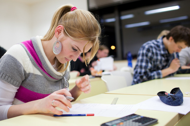 Pretty female college student sitting an exam in a classroom ful - Photo, image