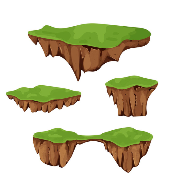 Set de islas voladoras con tierra y césped aislado sobre fondo blanco, detallado en estilo de dibujos animados. Ui activos del juego, antecedentes  - Vector, imagen