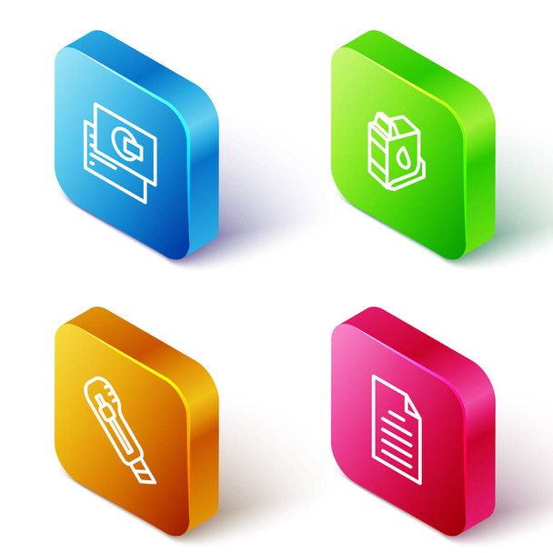Set Isometric line Business card, Printer ink cartridge, Stationery knife and File document icon. Vector - Vector, Image