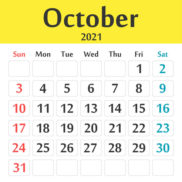 Οκτώβριος 2021 πρότυπο ημερολόγιο διανυσματικά γραφικά - Διάνυσμα, εικόνα