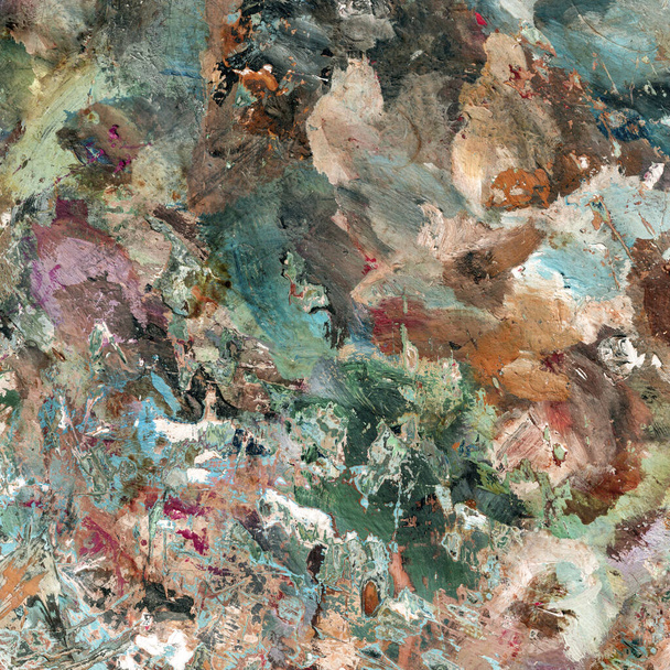 Abstract colorful painting palette. Bright abstract painting similar to a child's drawing traces of paint and blotches scratched surface. Macro oil thick paint vintage art wallpaper. - Photo, Image