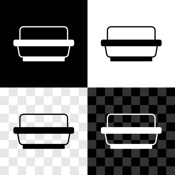 Állítsa vaj egy vajas tál ikon elszigetelt fekete-fehér, átlátszó háttér. Vajas tégla a tányéron. Tejalapú termék. Természetes tejtermék. Vektor. - Vektor, kép