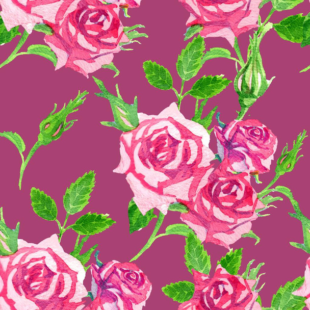 Яркий бесшовный узор на темно-малиновом фоне нежных розовых акварелей. - Фото, изображение