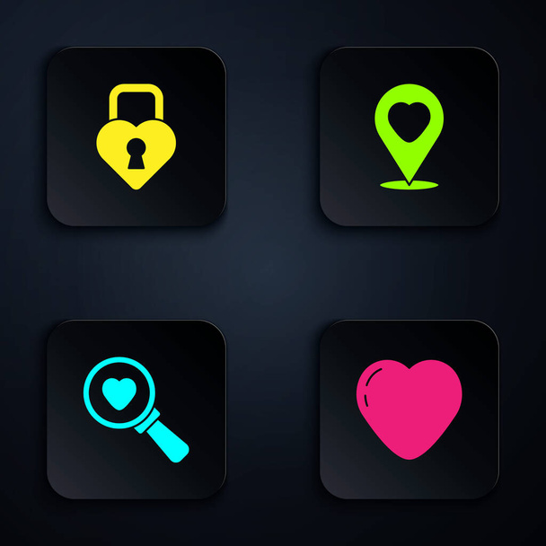 Set Heart, Castle in the shape of heart, Search and love and Location with. Black square button. Vector - Vector, Image