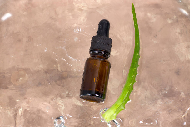 Egy üveg friss aloe vera olaj, fertőtlenítő gél, szérum. A palack egy folyékony, átlátszó kozmetikai termék, amely aloé levelek természetes nyersanyagaiból készül. - Fotó, kép