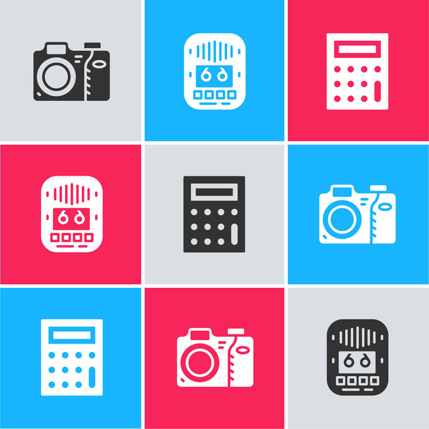 Set Photo camera, Cassette tape player and Calculator icon. Vector - Vecteur, image