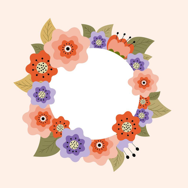 Kaunis kortti pyöreä seppele eri kukkia. Ympyrä runko tekstiin. Kukka kutsu tai onnittelukortti, myynti ja muut tapahtumat - Vektori, kuva