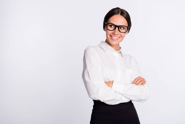 Photo of optimistic brunette hairdo lady crossed arms look empty space wear spectacles shirt isolated on grey background - Φωτογραφία, εικόνα