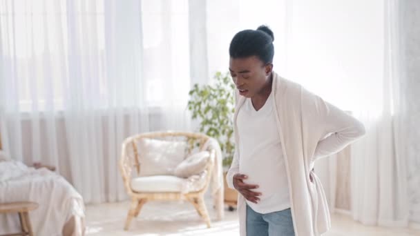 Jonge toekomstige moeder Afrikaanse zwangere vrouw voelt paniek weeën houden buik lijdt aan pijn schreeuwen afro man man zorgzame vader knuffels vrouw ondersteunt, zwangerschap thuis, bevalling concept - Video