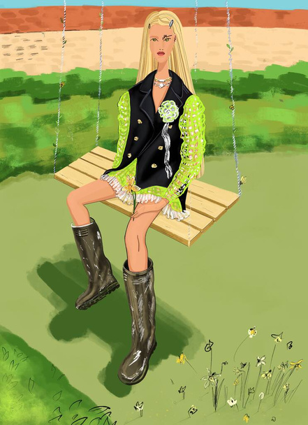 Ręcznie rysowane abstrakcyjne płaskie moda ilustracja kreskówki długie włosy blond studentka dziewczyna, w sukience, buty, akcesoria, siedzi w ogrodzie. Letnia sztuka mody w modnych zielonych kolorach - Zdjęcie, obraz