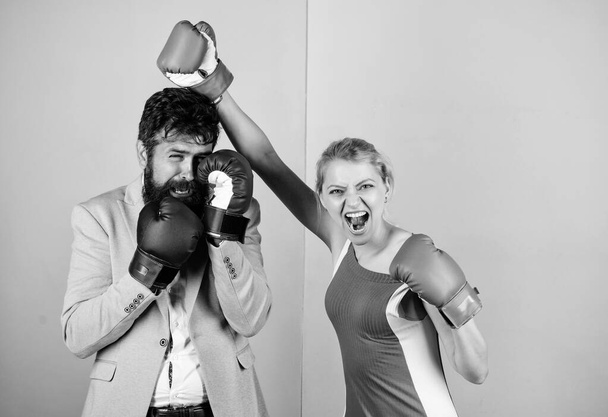 happy after fight. problems in relationship. sport. bearded man hipster fighting with woman. Strength and power. knockout punching. who is right. win the fight. family couple boxing gloves - Photo, Image